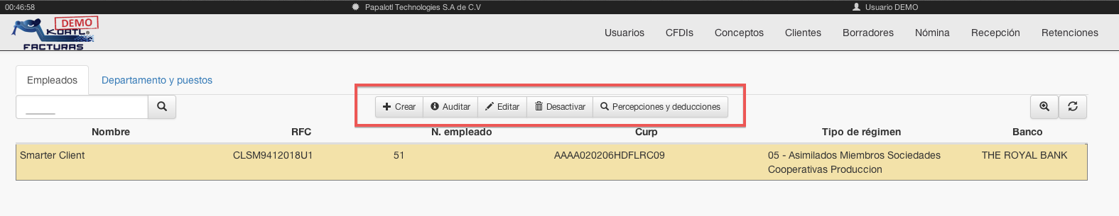 opciones del empleado - koatl facturas